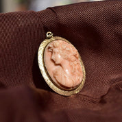 Antique 10K Gold Pink Coral Cameo Brooch/Pendant, High Relief Carved Lady's Portrait, Engraved Yellow Gold Setting, 1 3/4" L