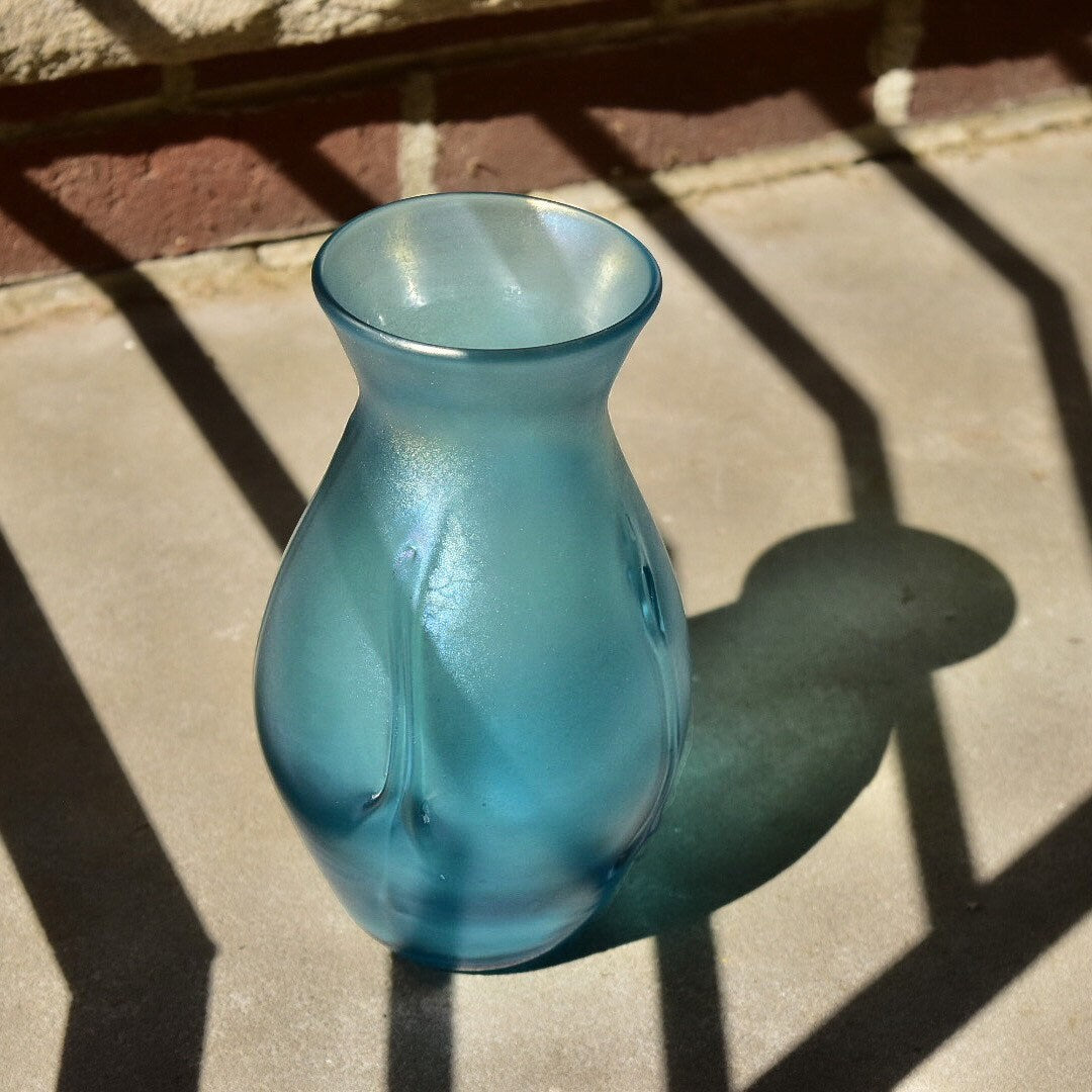 Vintage Signed Herb A. Thomas Iridescent Blue Art Glass Vase, Hand Blown Glass Vase, 8" H