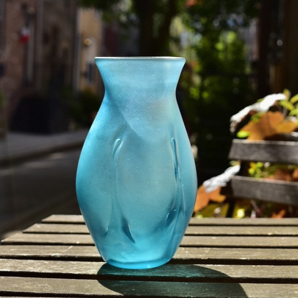 Vintage Signed Herb A. Thomas Iridescent Blue Art Glass Vase, Hand Blown Glass Vase, 8" H