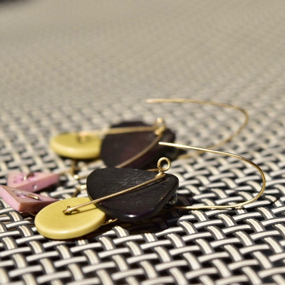 Vintage Abstract Modernist Gold Toned Wire Dangle Earrings, Geometric Shape Earrings, Pastel Retro Earrings, Gold Contemporary Earrings