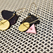 Vintage Abstract Modernist Gold Toned Wire Dangle Earrings, Geometric Shape Earrings, Pastel Retro Earrings, Gold Contemporary Earrings