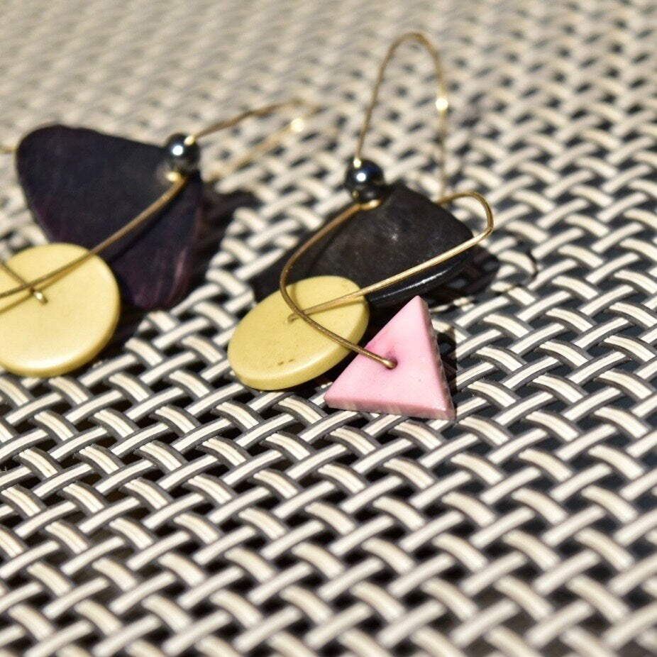 Vintage Abstract Modernist Gold Toned Wire Dangle Earrings, Geometric Shape Earrings, Pastel Retro Earrings, Gold Contemporary Earrings