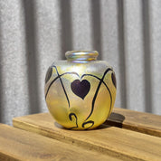 Vintage 1983 Signed Robert Eickholt Art Glass Bud Vase, Small Round Bottle Vase, Iridescent Yellow Glass, Nouveau Style Designs, 3 1/4" H