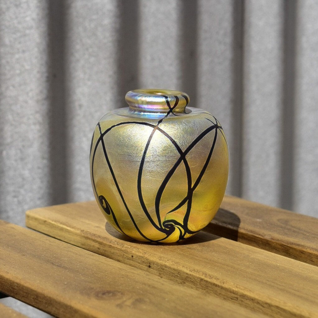 Vintage 1983 Signed Robert Eickholt Art Glass Bud Vase, Small Round Bottle Vase, Iridescent Yellow Glass, Nouveau Style Designs, 3 1/4" H