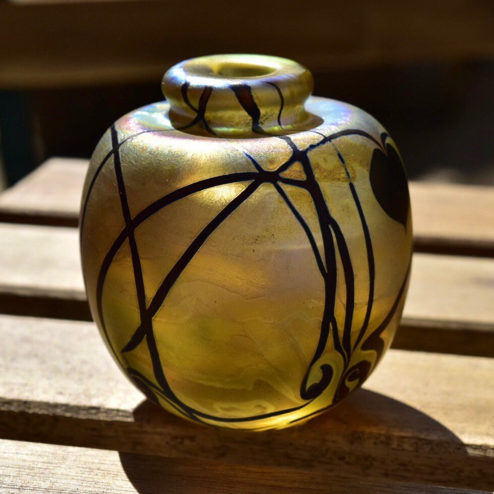 Vintage 1983 Signed Robert Eickholt Art Glass Bud Vase, Small Round Bottle Vase, Iridescent Yellow Glass, Nouveau Style Designs, 3 1/4" H