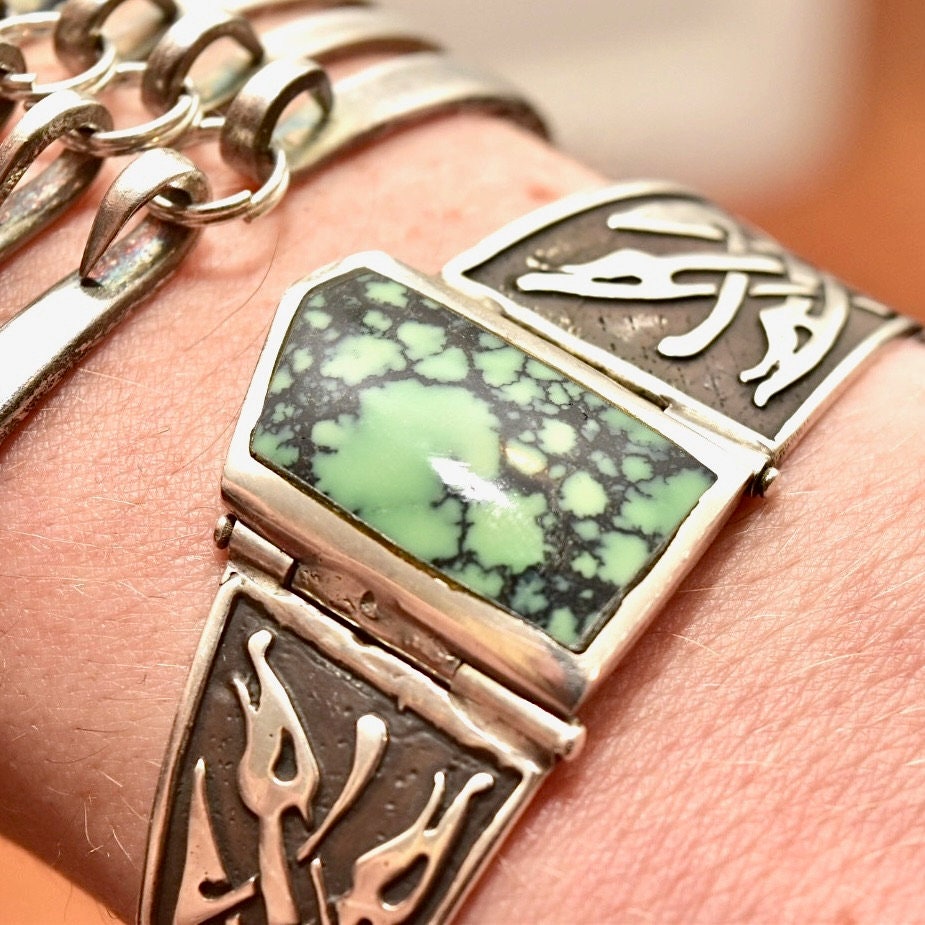 Vintage Celtic Sterling Silver Turquoise Panel Bracelet, Natural Bisbee Turquoise, 925 Jewelry, Celtic Jewelry, Celtic Panel Bracelet
