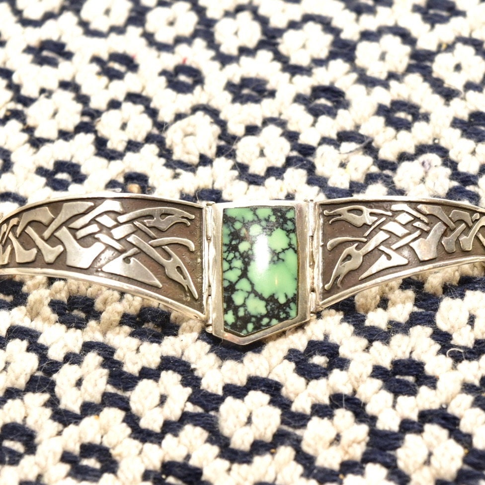 Vintage Celtic Sterling Silver Turquoise Panel Bracelet, Natural Bisbee Turquoise, 925 Jewelry, Celtic Jewelry, Celtic Panel Bracelet