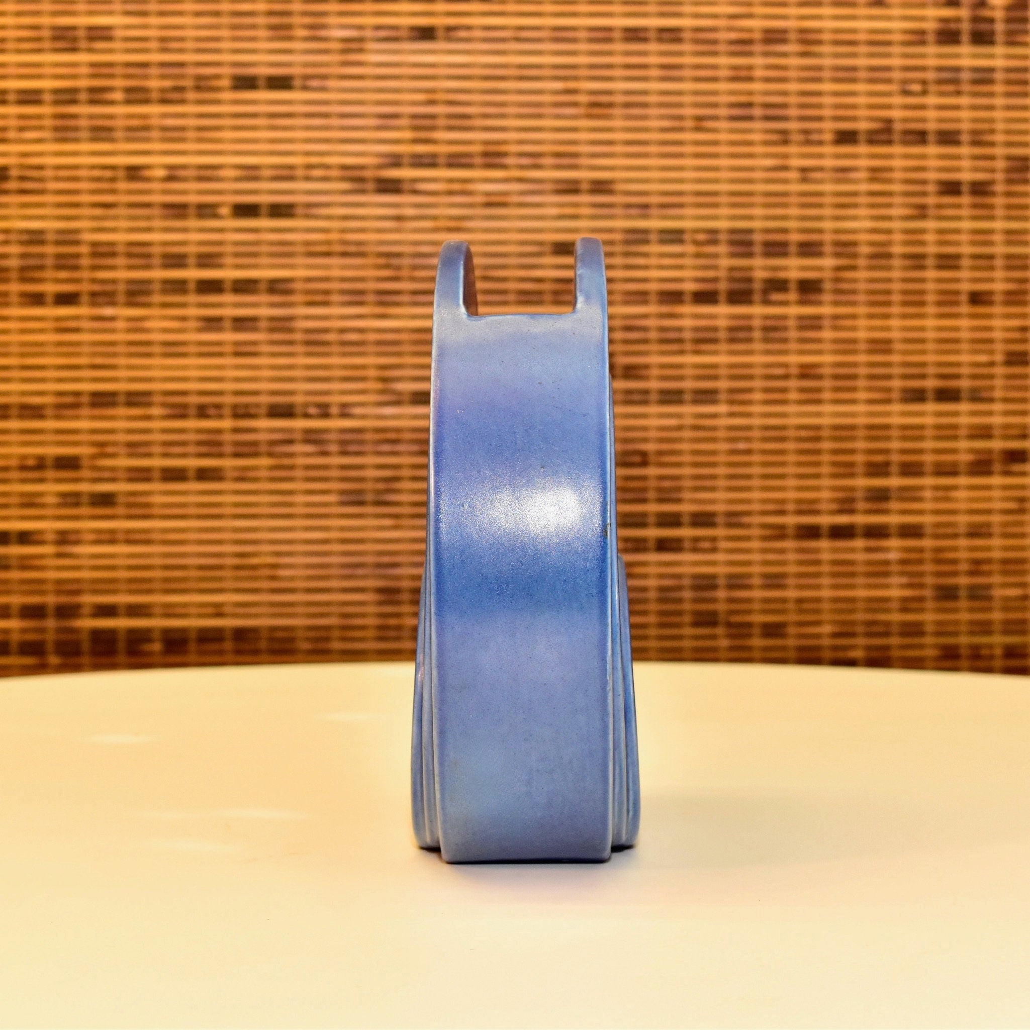 Vintage Art Deco Trenton Potteries Rare Blue Ceramic 'Circlet' Vase, Modernist Circle Disk Sculpture Vase, G. McStay Jackson, 8 1/2" H