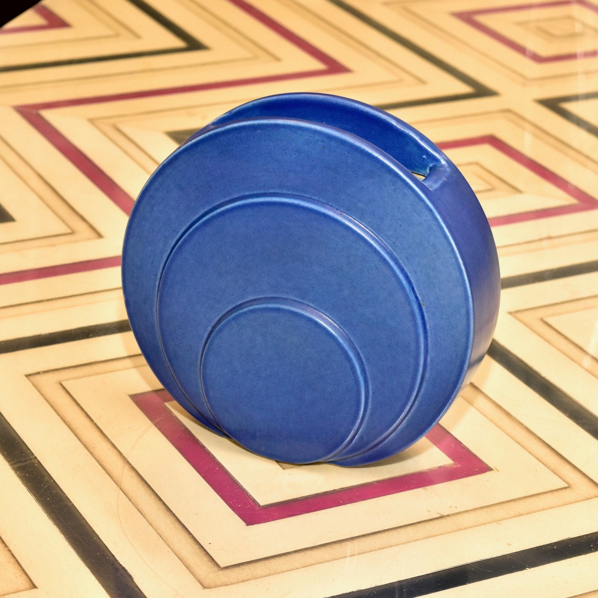 Vintage Art Deco Trenton Potteries Rare Blue Ceramic 'Circlet' Vase, Modernist Circle Disk Sculpture Vase, G. McStay Jackson, 8 1/2" H