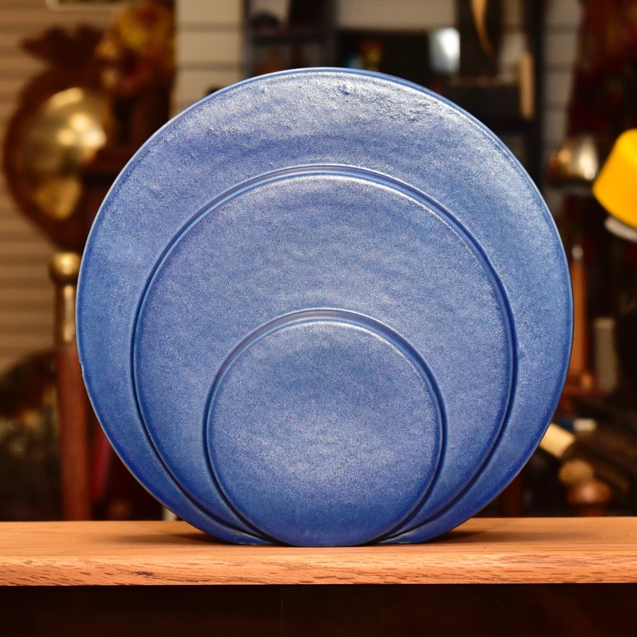 Vintage Art Deco Trenton Potteries Rare Blue Ceramic 'Circlet' Vase, Modernist Circle Disk Sculpture Vase, G. McStay Jackson, 8 1/2" H