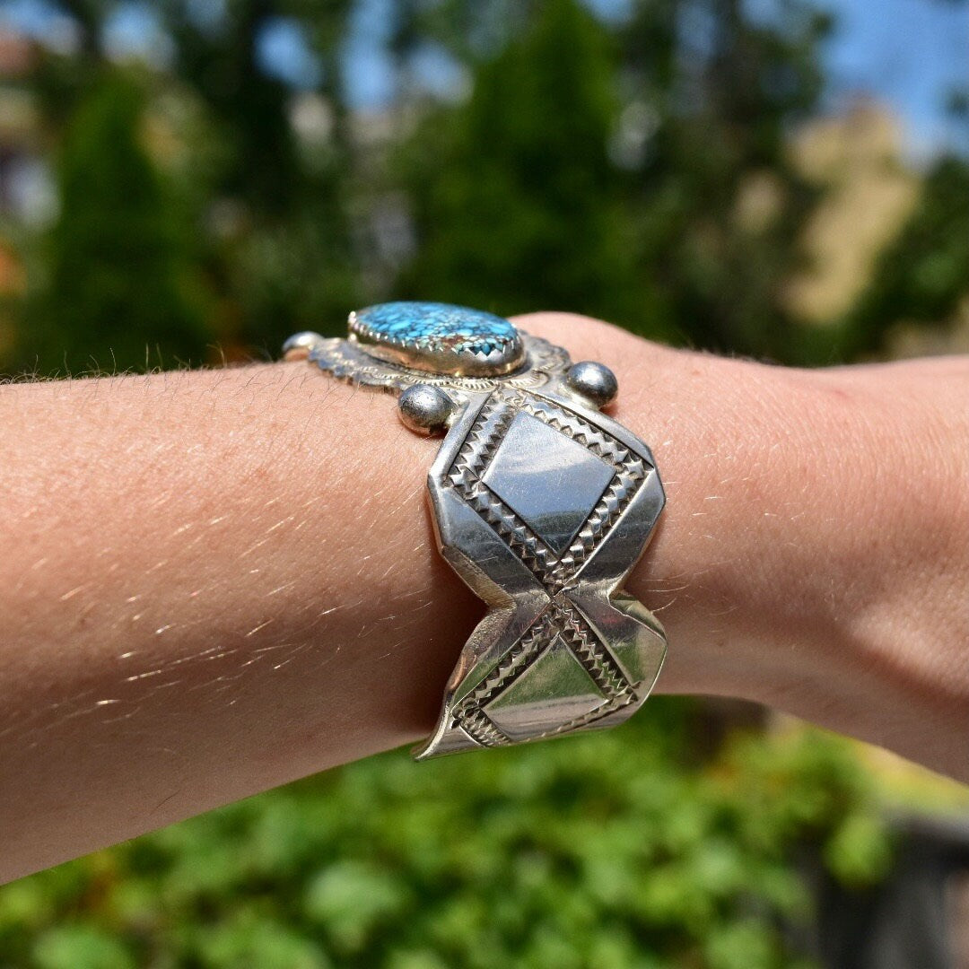 Vintage Sterling Silver Spider Web Turquoise Cuff Bracelet, Engraved Silver Cuff, Bright Blue Turquoise Stone, Southwestern Style, 5 1/2" L