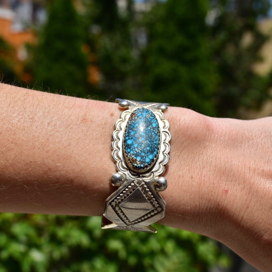 Vintage Sterling Silver Spider Web Turquoise Cuff Bracelet, Engraved Silver Cuff, Bright Blue Turquoise Stone, Southwestern Style, 5 1/2" L