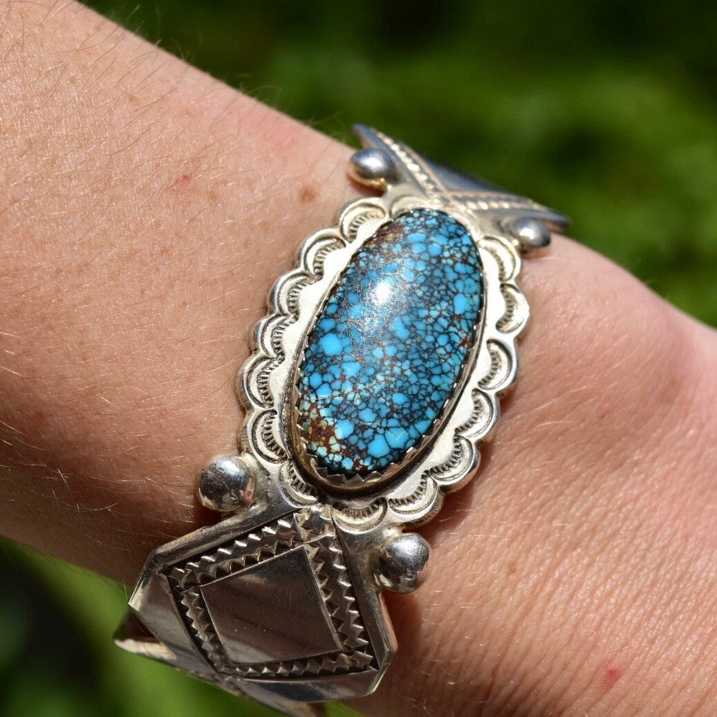 Vintage Sterling Silver Spider Web Turquoise Cuff Bracelet, Engraved Silver Cuff, Bright Blue Turquoise Stone, Southwestern Style, 5 1/2" L