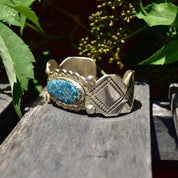 Vintage Sterling Silver Spider Web Turquoise Cuff Bracelet, Engraved Silver Cuff, Bright Blue Turquoise Stone, Southwestern Style, 5 1/2" L