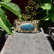 Vintage Sterling Silver Spider Web Turquoise Cuff Bracelet, Engraved Silver Cuff, Bright Blue Turquoise Stone, Southwestern Style, 5 1/2" L