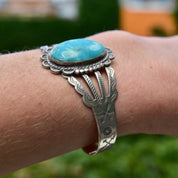 Vintage Sterling Silver Turquoise Cuff Bracelet, Cut Out and Engraved Sterling Silver Cuff, Adjustable Cutout Cuff, Southwestern Style