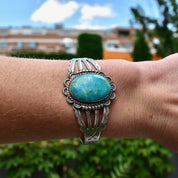 Vintage Sterling Silver Turquoise Cuff Bracelet, Cut Out and Engraved Sterling Silver Cuff, Adjustable Cutout Cuff, Southwestern Style