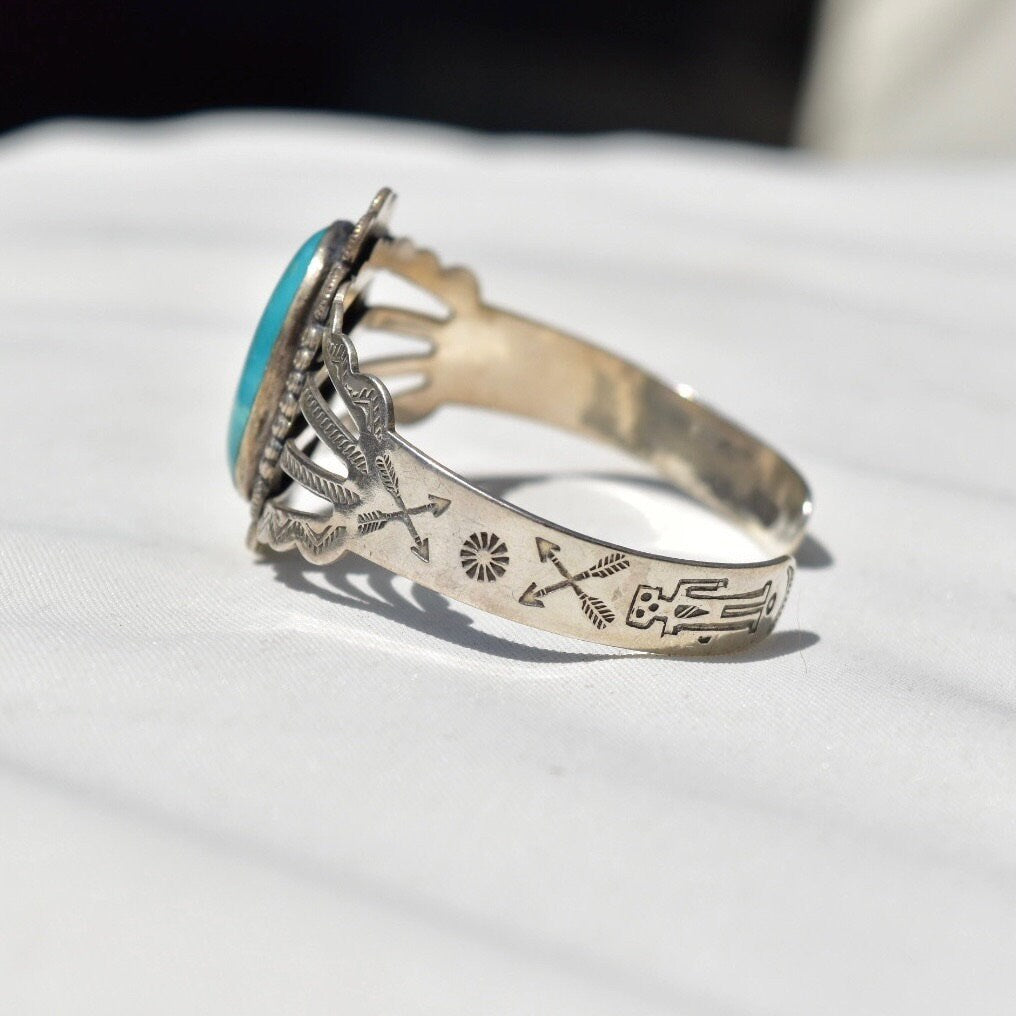 Vintage Sterling Silver Turquoise Cuff Bracelet, Cut Out and Engraved Sterling Silver Cuff, Adjustable Cutout Cuff, Southwestern Style