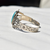 Vintage Sterling Silver Turquoise Cuff Bracelet, Cut Out and Engraved Sterling Silver Cuff, Adjustable Cutout Cuff, Southwestern Style