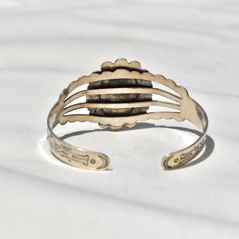 Vintage Sterling Silver Turquoise Cuff Bracelet, Cut Out and Engraved Sterling Silver Cuff, Adjustable Cutout Cuff, Southwestern Style