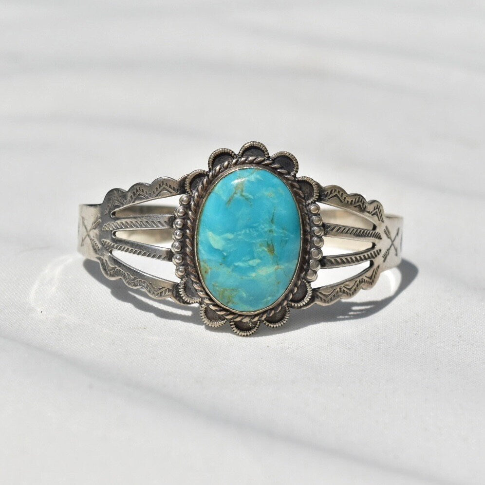 Vintage Sterling Silver Turquoise Cuff Bracelet, Cut Out and Engraved Sterling Silver Cuff, Adjustable Cutout Cuff, Southwestern Style