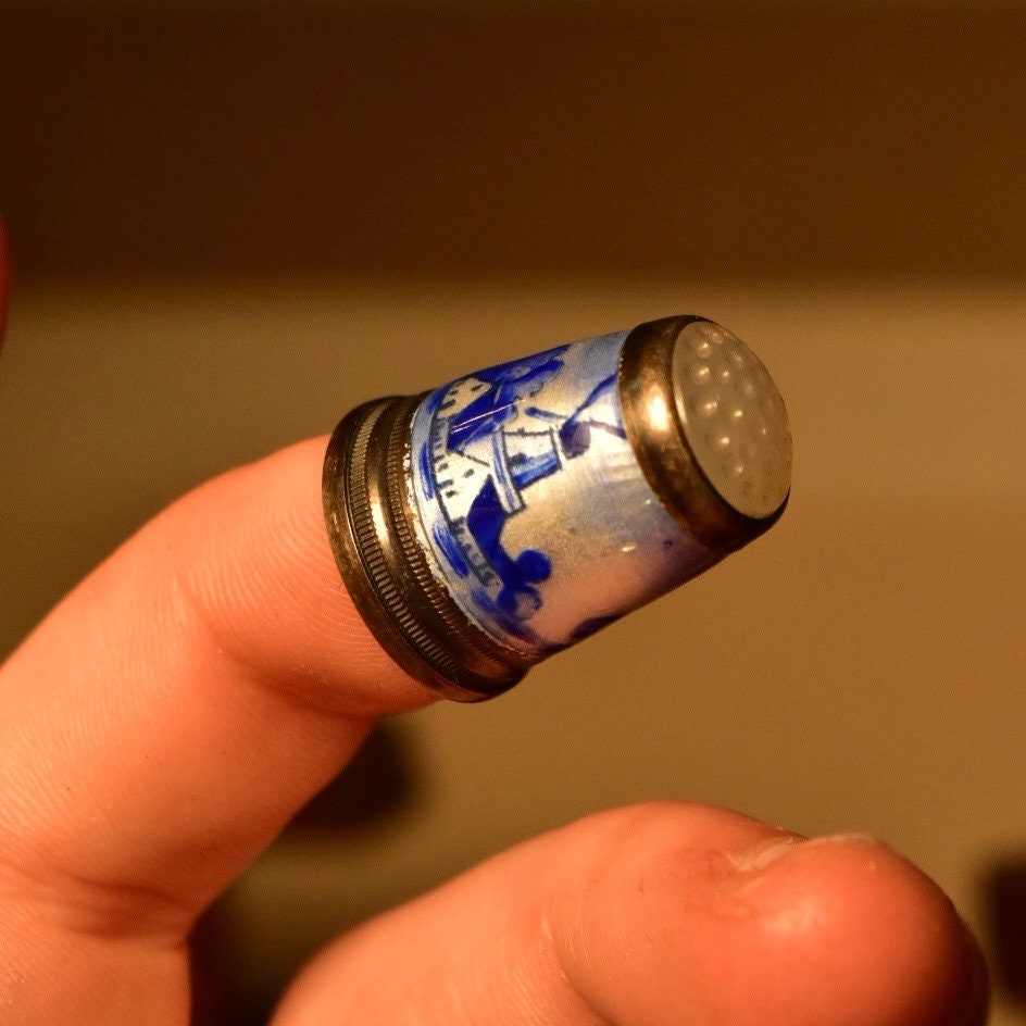 Antique Dutch Delft Sterling Thimble with Blue & White Enamel, Stippled Glass Top, Gilt Silver, Sewing Collectibles, Size 6