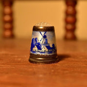 Antique Dutch Delft Sterling Thimble with Blue & White Enamel, Stippled Glass Top, Gilt Silver, Sewing Collectibles, Size 6