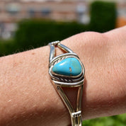 Vintage Native American Turquoise & Silver Cuff Bracelet, Turquoise Cuff With Engraved Silver Details, Adjustable Cuff, Old Pawn Jewelry