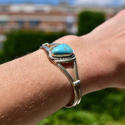 Vintage Native American Turquoise & Silver Cuff Bracelet, Turquoise Cuff With Engraved Silver Details, Adjustable Cuff, Old Pawn Jewelry