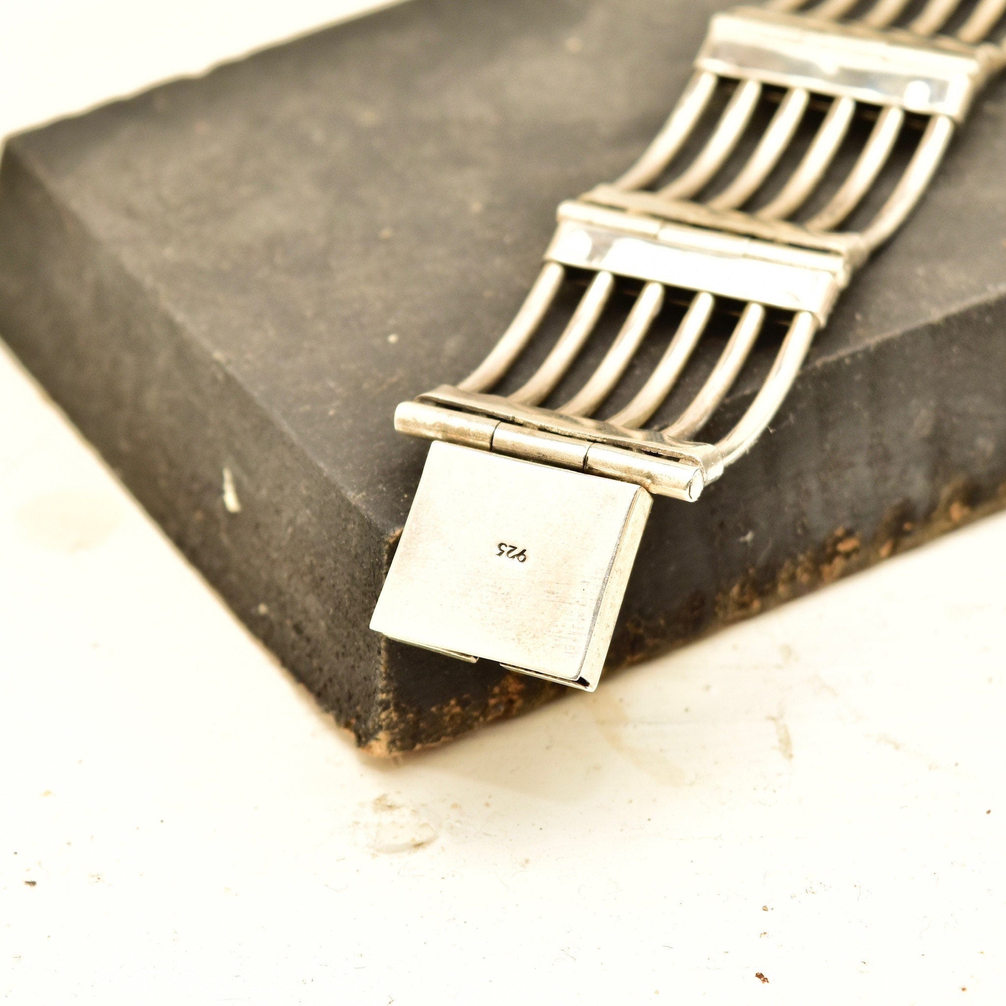 Modernist Sterling Silver Gate Link Bracelet, Wide Chunky 925 Cutout Panel Cuff, Taxco Jewelry, 7 3/4" L