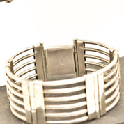 Modernist Sterling Silver Gate Link Bracelet, Wide Chunky 925 Cutout Panel Cuff, Taxco Jewelry, 7 3/4" L