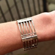 Modernist Sterling Silver Gate Link Bracelet, Wide Chunky 925 Cutout Panel Cuff, Taxco Jewelry, 7 3/4" L