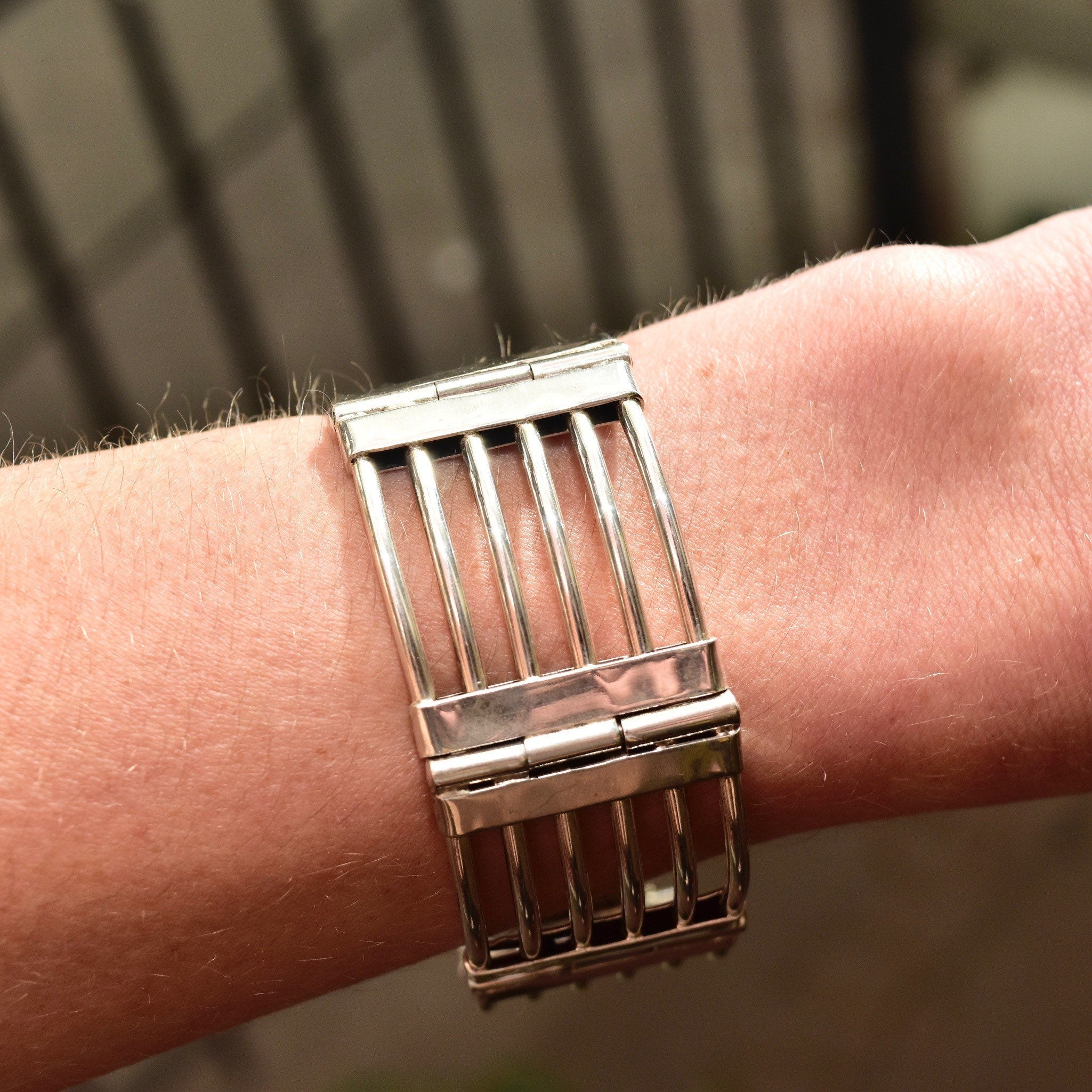 Modernist Sterling Silver Gate Link Bracelet, Wide Chunky 925 Cutout Panel Cuff, Taxco Jewelry, 7 3/4" L