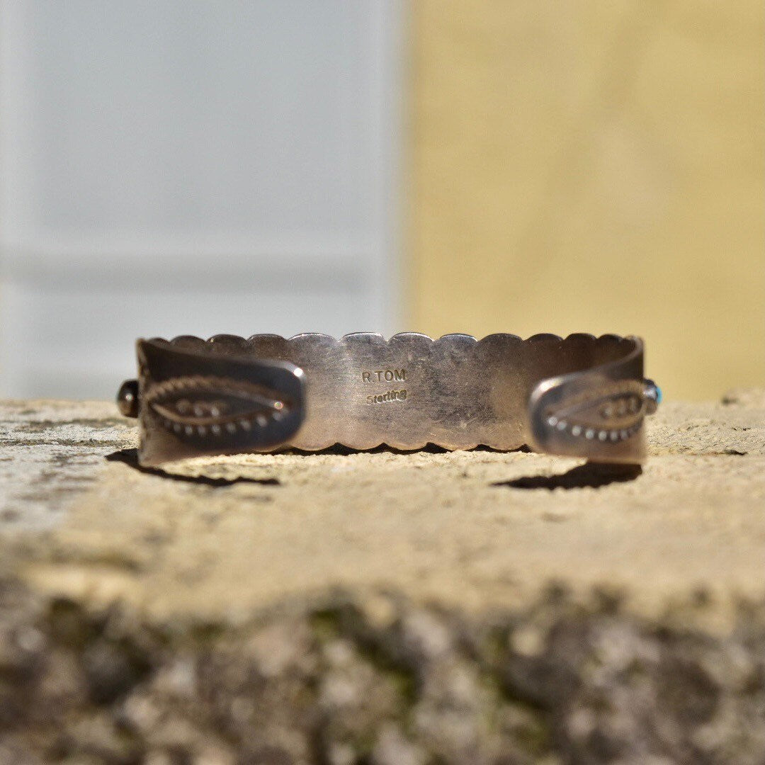 Vintage Signed  Sterling Silver Snake Turquoise Turquoise Cuff Bracelet, Chiseled Silver Cuff, R. Tom Sterling, Native American, 5 7/8