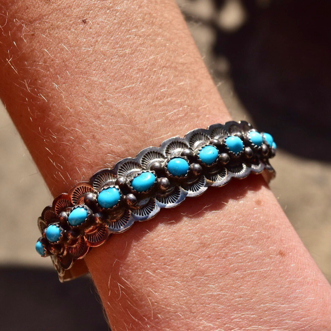 Vintage Signed  Sterling Silver Snake Turquoise Turquoise Cuff Bracelet, Chiseled Silver Cuff, R. Tom Sterling, Native American, 5 7/8