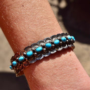 Vintage Signed  Sterling Silver Snake Turquoise Turquoise Cuff Bracelet, Chiseled Silver Cuff, R. Tom Sterling, Native American, 5 7/8