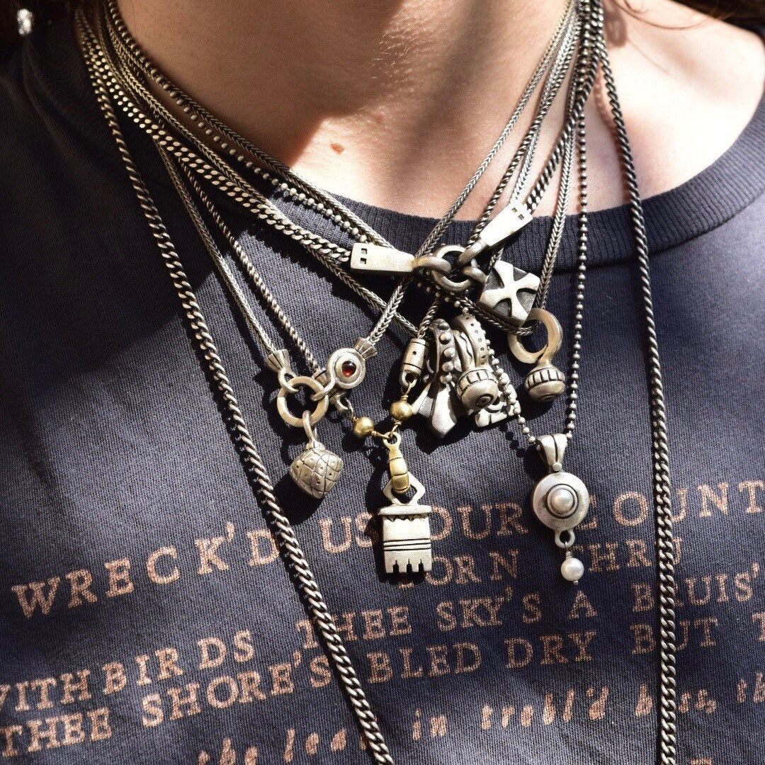Lisa Jenks 90's Sterling Silver Pendant Necklaces, Curio Charm Chain Necklaces, Modernist Jewelry,