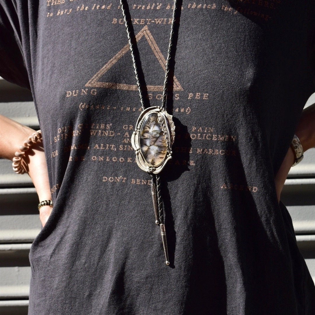 Vintage Sterling Silver Moss Agate Bolo Tie, Stand Sterling Bolo Tie, Moss Agate Cabochon, 20.75" L