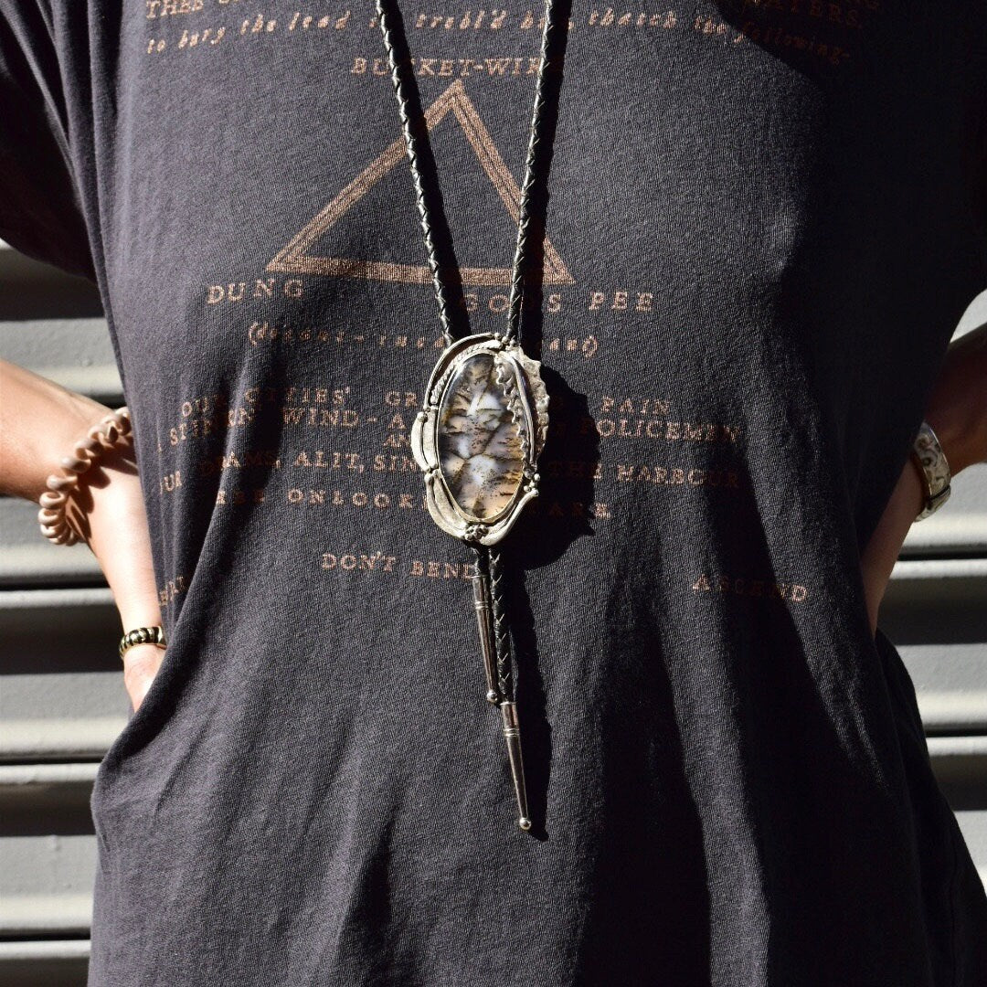 Vintage Sterling Silver Moss Agate Bolo Tie, Stand Sterling Bolo Tie, Moss Agate Cabochon, 20.75" L