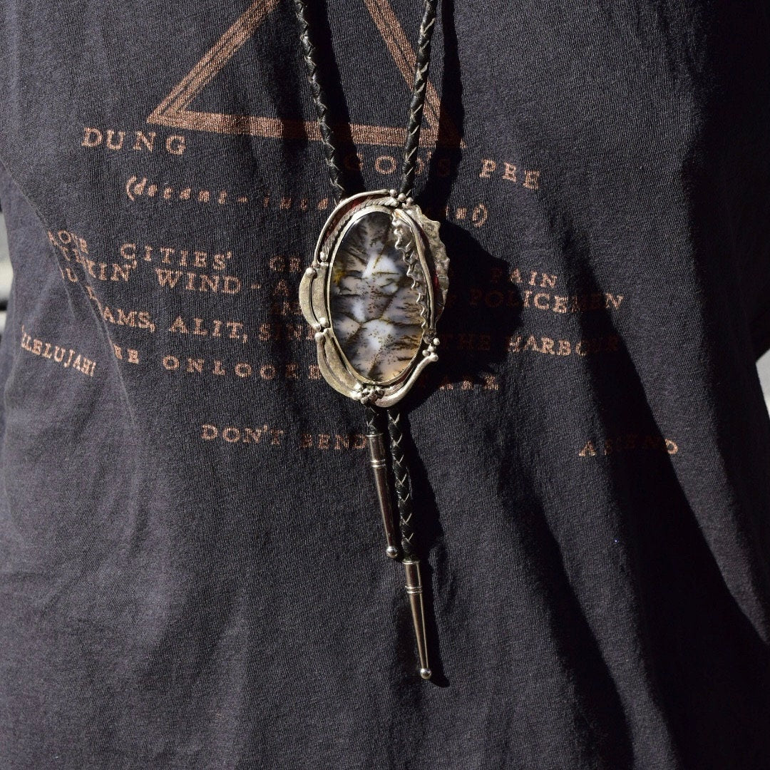 Vintage Sterling Silver Moss Agate Bolo Tie, Stand Sterling Bolo Tie, Moss Agate Cabochon, 20.75" L