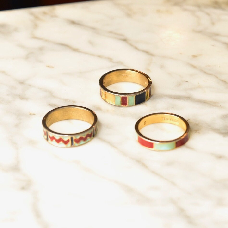 Vintage Gold Plated Sterling Silver Enamel Ring Set, Stackable Rings, Gold-Tone Enamel Band Ring, Size 6.5 US