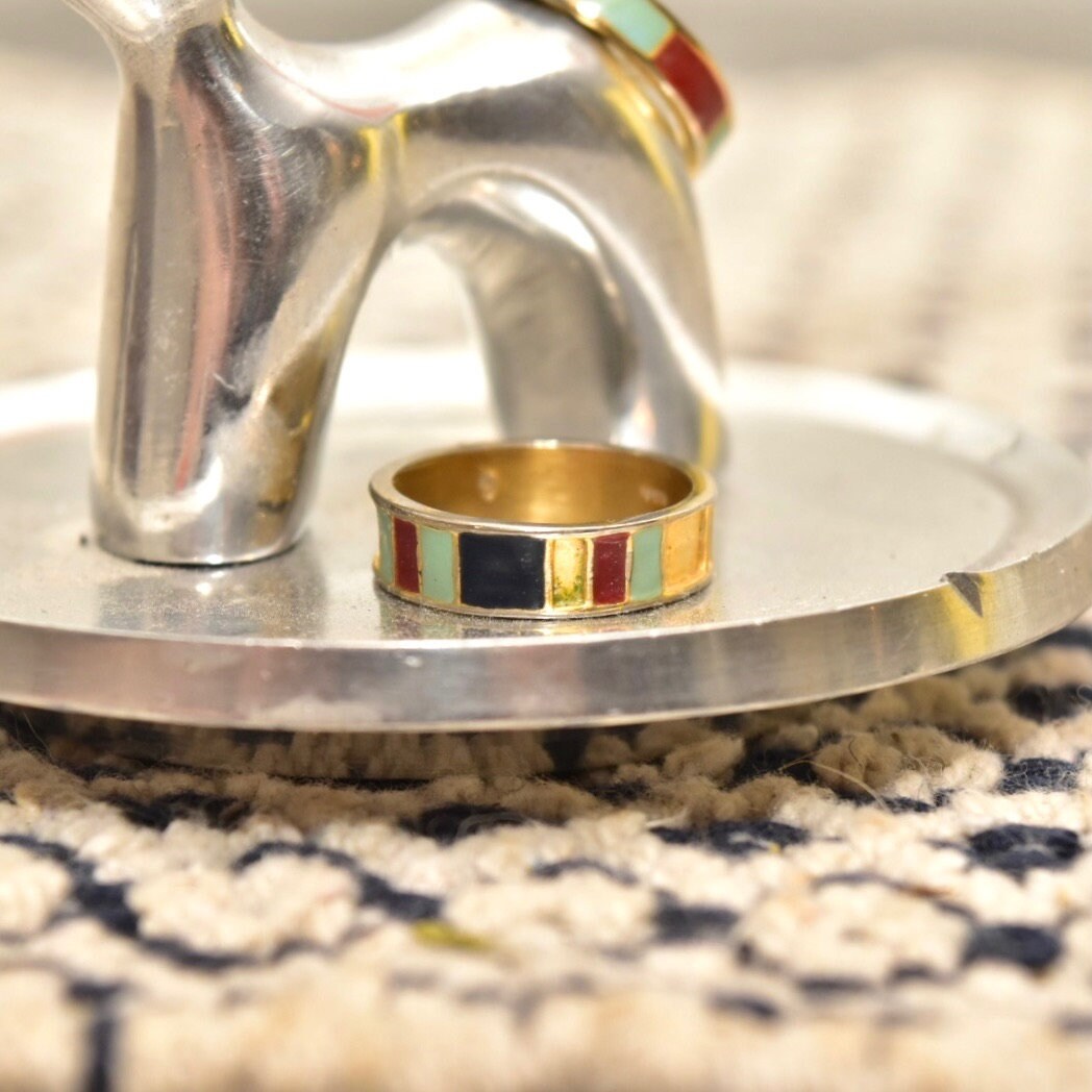 Vintage Gold Plated Sterling Silver Enamel Ring Set, Stackable Rings, Gold-Tone Enamel Band Ring, Size 6.5 US