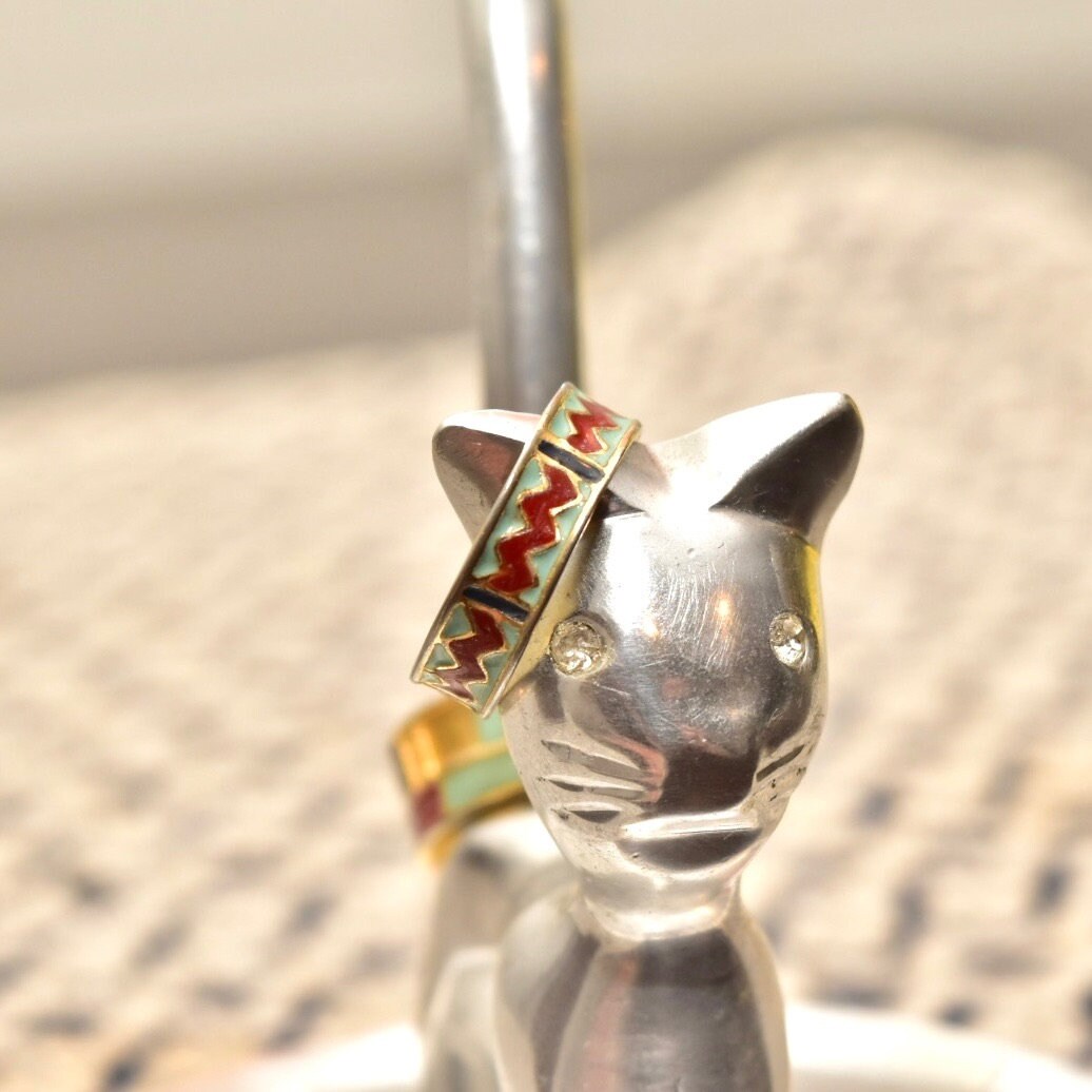 Vintage Gold Plated Sterling Silver Enamel Ring Set, Stackable Rings, Gold-Tone Enamel Band Ring, Size 6.5 US