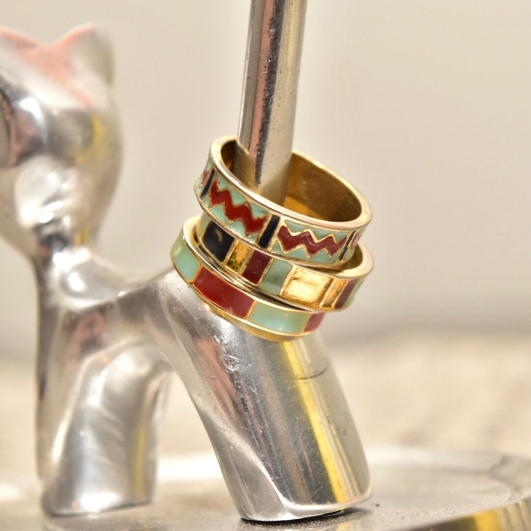 Vintage Gold Plated Sterling Silver Enamel Ring Set, Stackable Rings, Gold-Tone Enamel Band Ring, Size 6.5 US