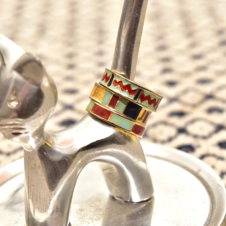 Vintage Gold Plated Sterling Silver Enamel Ring Set, Stackable Rings, Gold-Tone Enamel Band Ring, Size 6.5 US