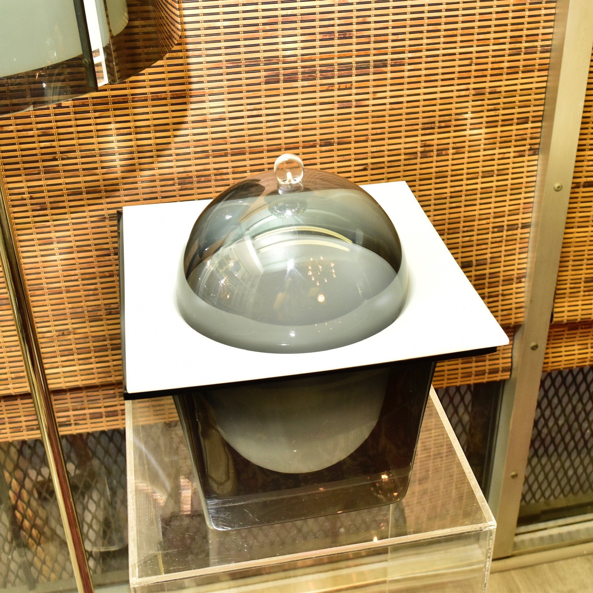 Vintage Space Age Dome Lid Acrylic Lucite Ice Bucket/Food Server, 3-Piece B&W Decorative Container, 1960's Collectible Barware, 11" H