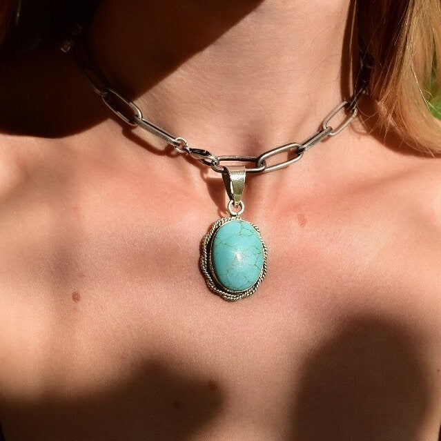 Vintage Mexican Sterling Silver Turquoise Cabochon Pendant, Ornate Silver Rope Detailing, Natural Blue Turquoise Stone, TAXCO Jewelry, 39mm