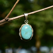 Vintage Mexican Sterling Silver Turquoise Cabochon Pendant, Ornate Silver Rope Detailing, Natural Blue Turquoise Stone, TAXCO Jewelry, 39mm