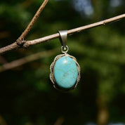 Vintage Mexican Sterling Silver Turquoise Cabochon Pendant, Ornate Silver Rope Detailing, Natural Blue Turquoise Stone, TAXCO Jewelry, 39mm