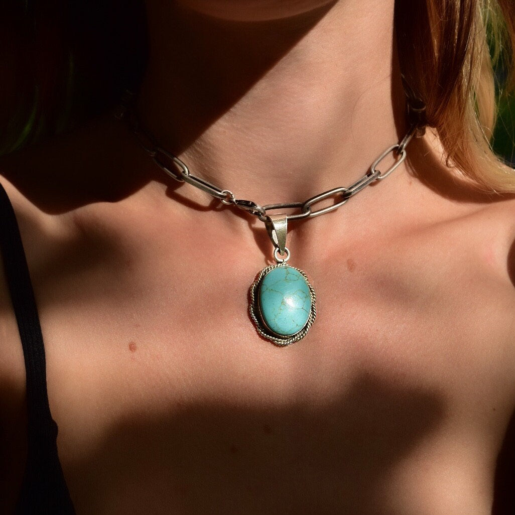 Vintage Mexican Sterling Silver Turquoise Cabochon Pendant, Ornate Silver Rope Detailing, Natural Blue Turquoise Stone, TAXCO Jewelry, 39mm